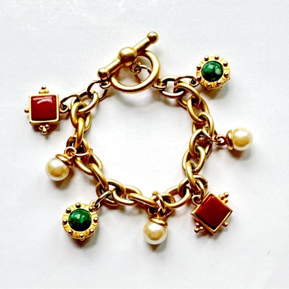 Vintage Brushed Gold faux gemstone charm bracelet 7” - Picture 1 of 3